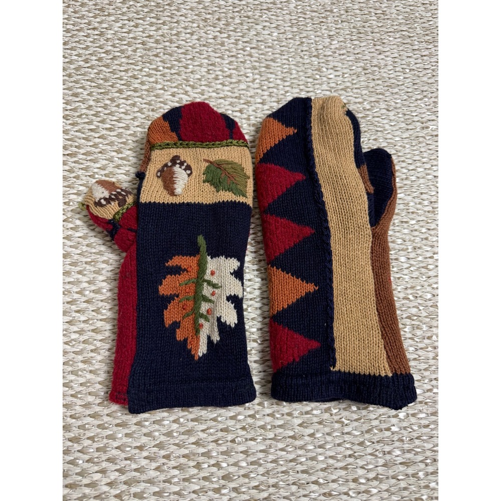 Vintage Style Knit Mittens Autumn Leaf Acorn Embroidery patchwork Cottagecore